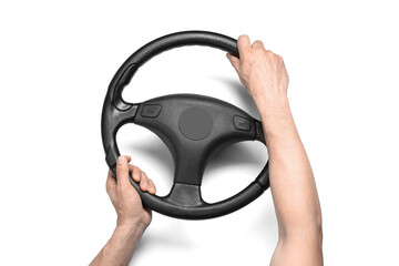 Male hands and steering wheel on white background