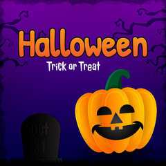 Happy Halloween background banner with night view, pumpkins and tombstone. Vector illustration with paper cut style and can editable