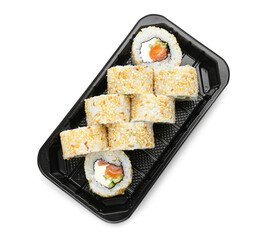 Set of delicious sushi rolls on white background