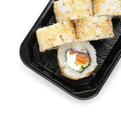 Set of delicious sushi rolls on white background