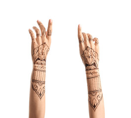 Female hands with henna tattoo on white background