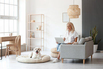 Mature woman with laptop and cute Labrador dog at home