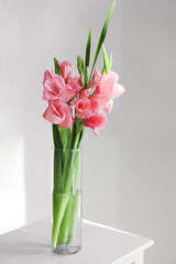 Vase with gladiolus flowers on table in room