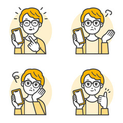 スマホを持って案内するシンプルなベクターイラストの若い女性の喜怒哀楽感情アイコン