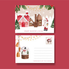Postcard template with winter living concept,watercolor style