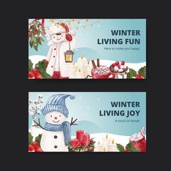 Twitter template with winter living concept,watercolor style