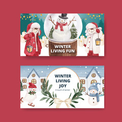 Fototapeta premium Twitter template with winter living concept,watercolor style