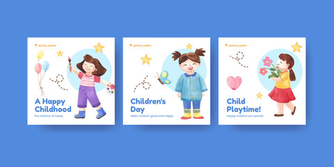Banner template with happy children concept,watercolor style
