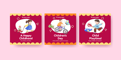 Banner template with happy children concept,watercolor style