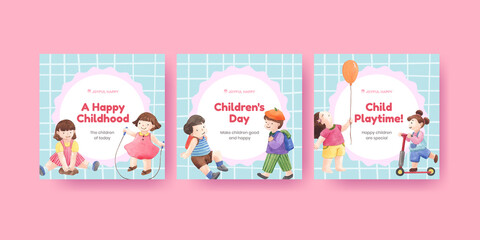 Banner template with happy children concept,watercolor style