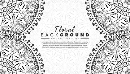 Background with mehndi flowers. Black lines on white background. Banner or card template