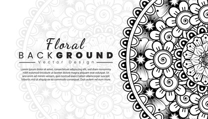 Background with mehndi flowers. Black lines on white background. Banner or card template