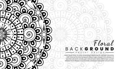 Background with mehndi flowers. Black lines on white background. Banner or card template