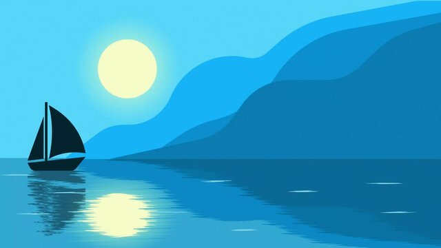 A sailboat under moonlight on a wavy lake near mountains. Flat style 2d animated landscape. 