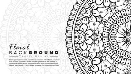 Background with mehndi flowers. Black lines on white background. Banner or card template