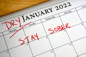 Calendar marked to indicate that January is Dry January - a month to stay sober and alcohol-free
