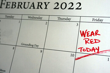 Calendar reminder to wear red on the first Friday in February to raise awareness for American Heart...