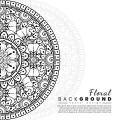 Background with mehndi flowers. Black lines on white background. Banner or card template