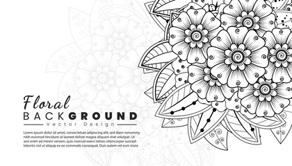 Background with mehndi flowers. Black lines on white background. Banner or card template