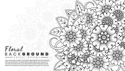 Background with mehndi flowers. Black lines on white background. Banner or card template