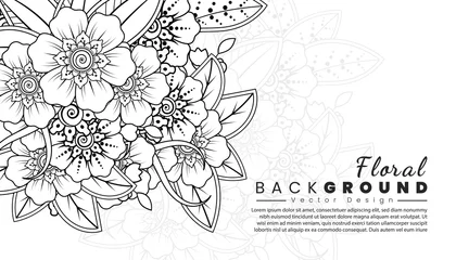 Fototapeten Background with mehndi flowers. Black lines on white background. Banner or card template © REZI