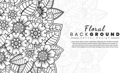 Background with mehndi flowers. Black lines on white background. Banner or card template