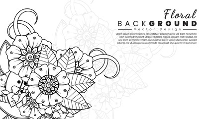 Background with mehndi flowers. Black lines on white background. Banner or card template