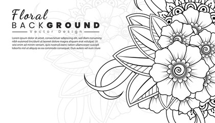Background with mehndi flowers. Black lines on white background. Banner or card template