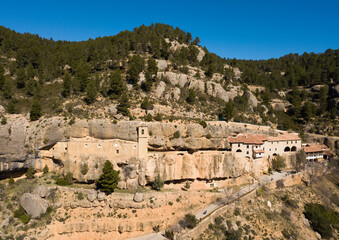 Fototapeta na wymiar Impressive religious complex Sanctuary Mare de Deu de Balma built in rock, Sorita, Castellon, Spain