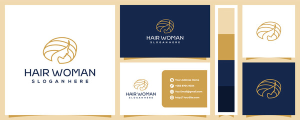 Hair woman monoline logo design and business card