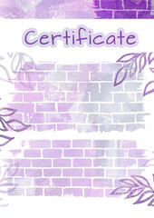 Watercolor Make-up Certificate learning for an educational institution. Floral leaf element on violet brick background.