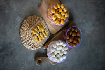 Various type of Indonesian pineapple tart cookies called nastar cookies