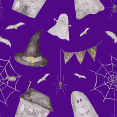 Halloween seamless pattern. Watercolor spider web, bat, abandoned houses, spider, ghost, witch hat endless print on a purple background. Halloween wallpaper in a cartoon style.