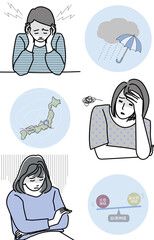 低気圧で頭痛や倦怠感、様々な症状に悩む女性のイラスト