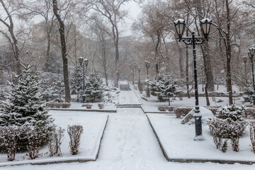 Vladivostok in winter. Admiral Square during a snowfall in Vladivostok.
