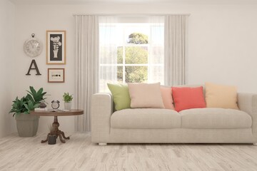 Stylish room in white color with sofa and autumn landscape in window. Scandinavian interior design. 3D illustration