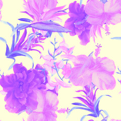 Vanilla Flower Wallpaper. Coral Summer Print. Purple Seamless Background. Watercolor Set. Pattern Wallpaper. Floral Set. Exotic Design. Botanical Plant.