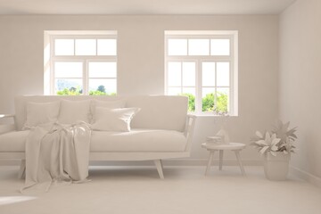 White minimalist living room with sofa. Scandinavian interior design. 3D illustration