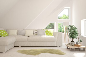 White living room with sofa and summer landscape in window. Scandinavian interior design. 3D illustration