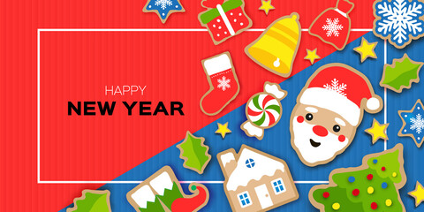 Happy New Year greeting card. Christmas Santa,tree, bell, gift, deer, snowflakes, lollipop, holly. Christmas gingerbread paper cut style Winter holidays