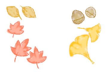 紅葉とイチョウの葉と栗と落ち葉の手描きイラストフレーム