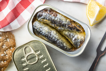 Canned sardines. Sea fish in tin can.