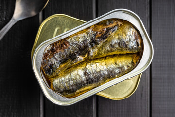 Canned sardines. Sea fish in tin can.