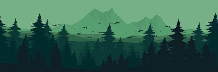 green mountain forest with bird flying silhouette vector illustration good for wallpaper, background, backdrop, tourism design and design template