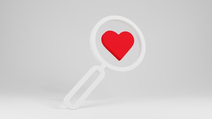 Loupe with heart  shape within . Love search concept. 3d rendering icon illustration.