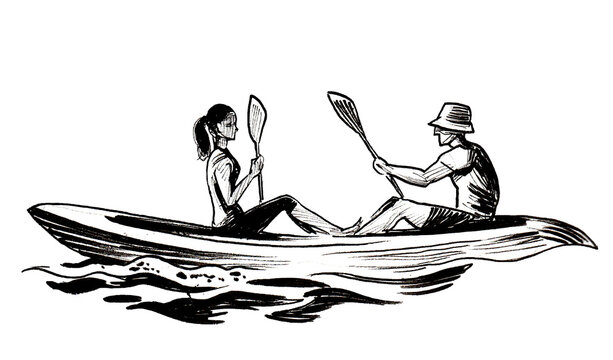 Young Couple In Kayak. Ink Black And White Drawing