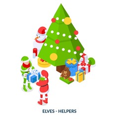 Concept of elves helpers. Two little Santa helpers with gift box puts gifts under the Christmas tree. Xmas isometric illustration on white background.