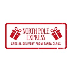 North pole express - special delivery from Santa Claus. Holiday stamp design for letters or gifts. Christmas vintage decorative element with gift boxes, and texture that can be removed.