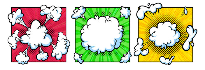 Surprising boom cloud in halftone background for sales and promotions. Blue banner template for surprises and bursting events. Vector illustration in pop art style © liu_miu