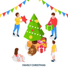Obraz na płótnie Canvas The concept of a family Christmas. A happy family is celebrating around the Christmas tree and giving each other gifts. Isometric illustration on white background